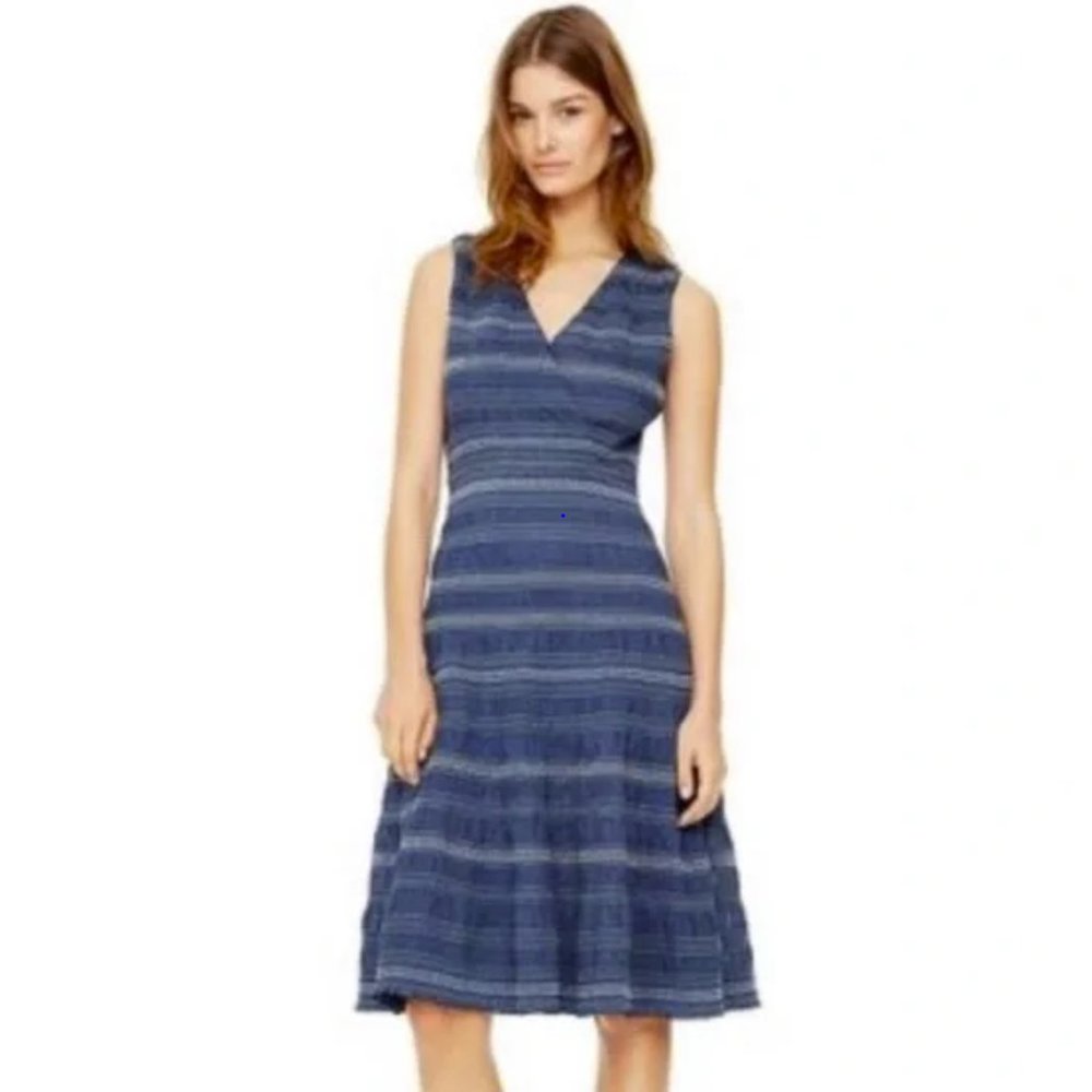 Tory Burch Navy Striped V‑Neck Sleeveless Dress